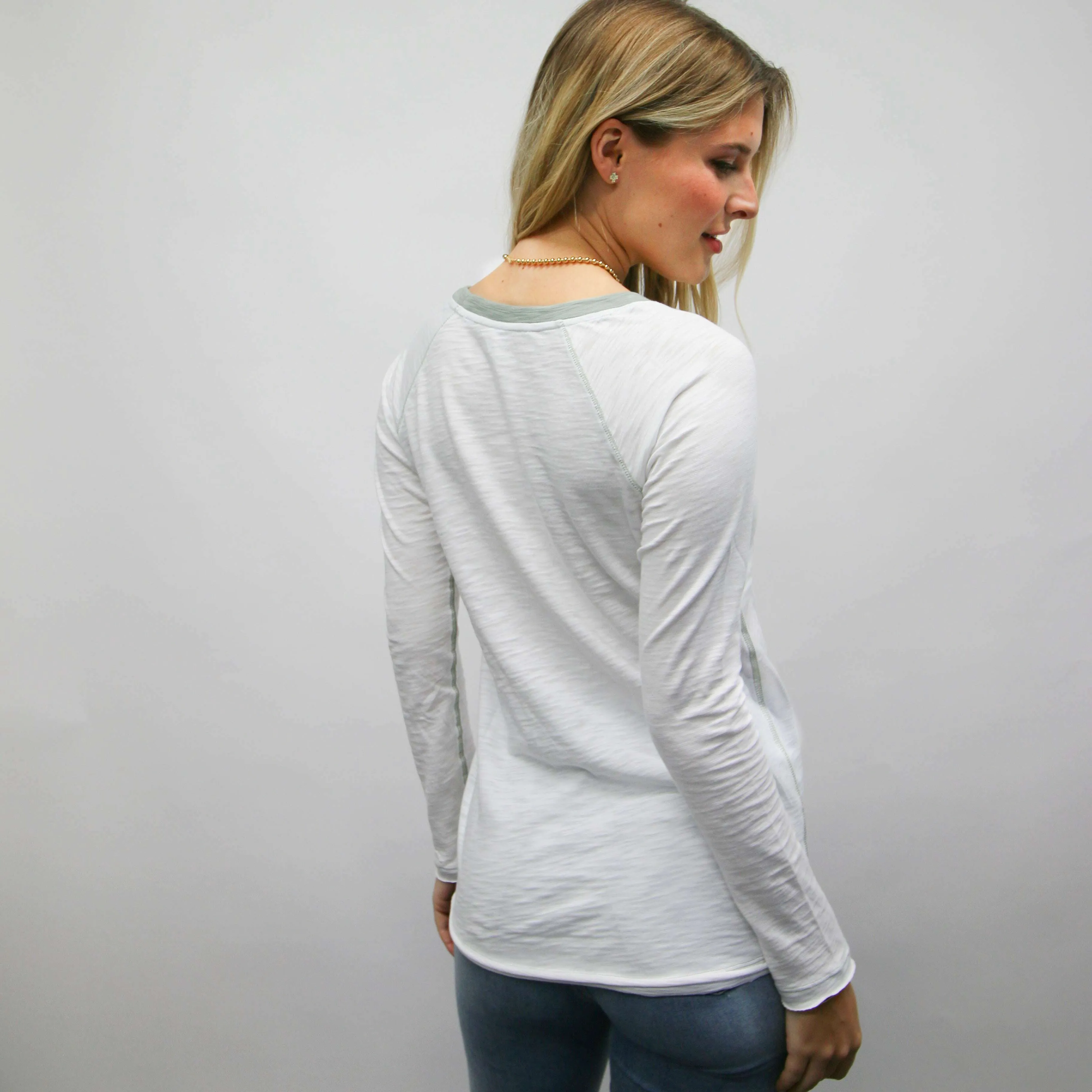 Raglan Long Sleeve Crew in White & Sage Pima Cotton Slub