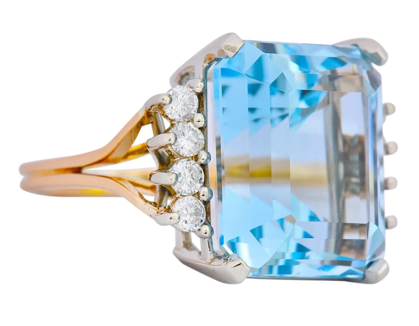 Retro 16.78 CTW Aquamarine Diamond 18 Karat Two-Tone Gold Cocktail Ring