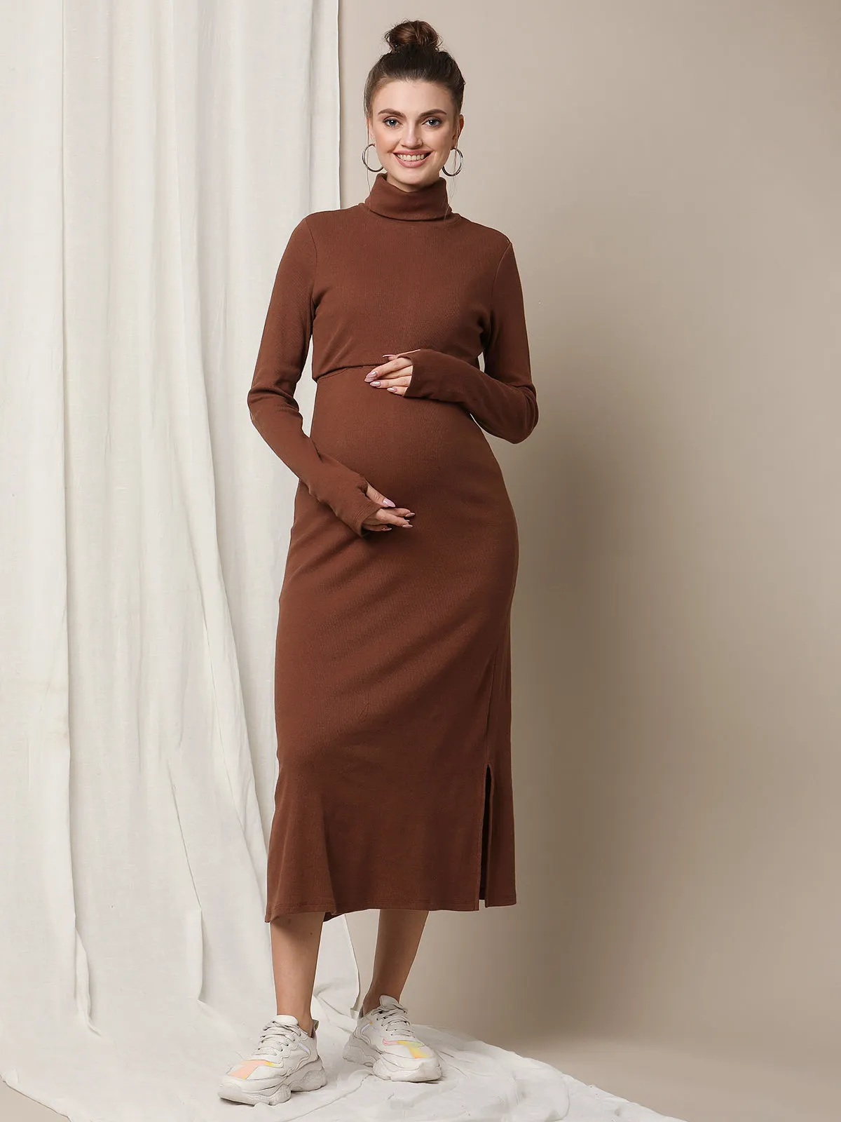 Rib Turtleneck White Maternity Dress