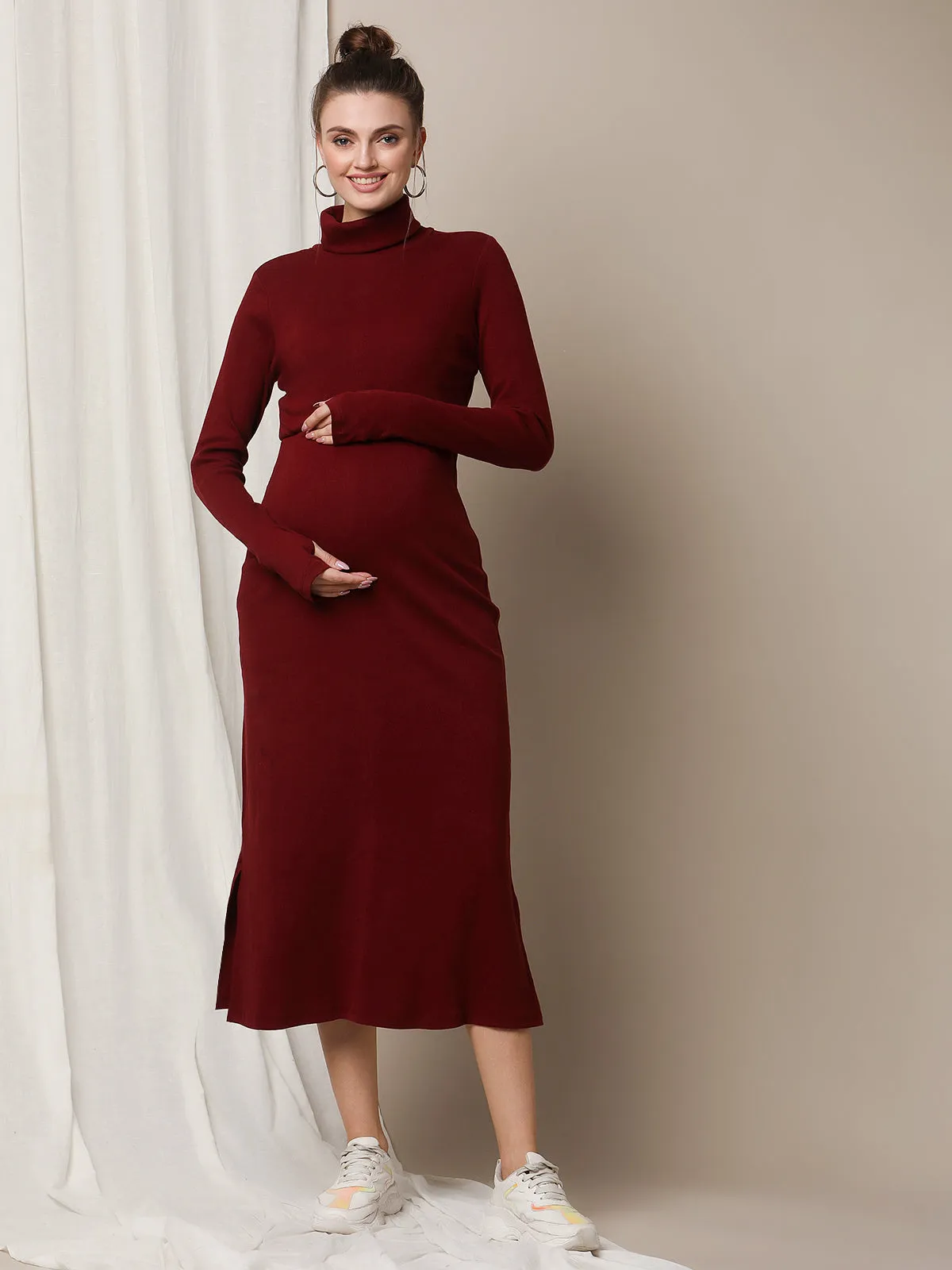 Rib Turtleneck White Maternity Dress