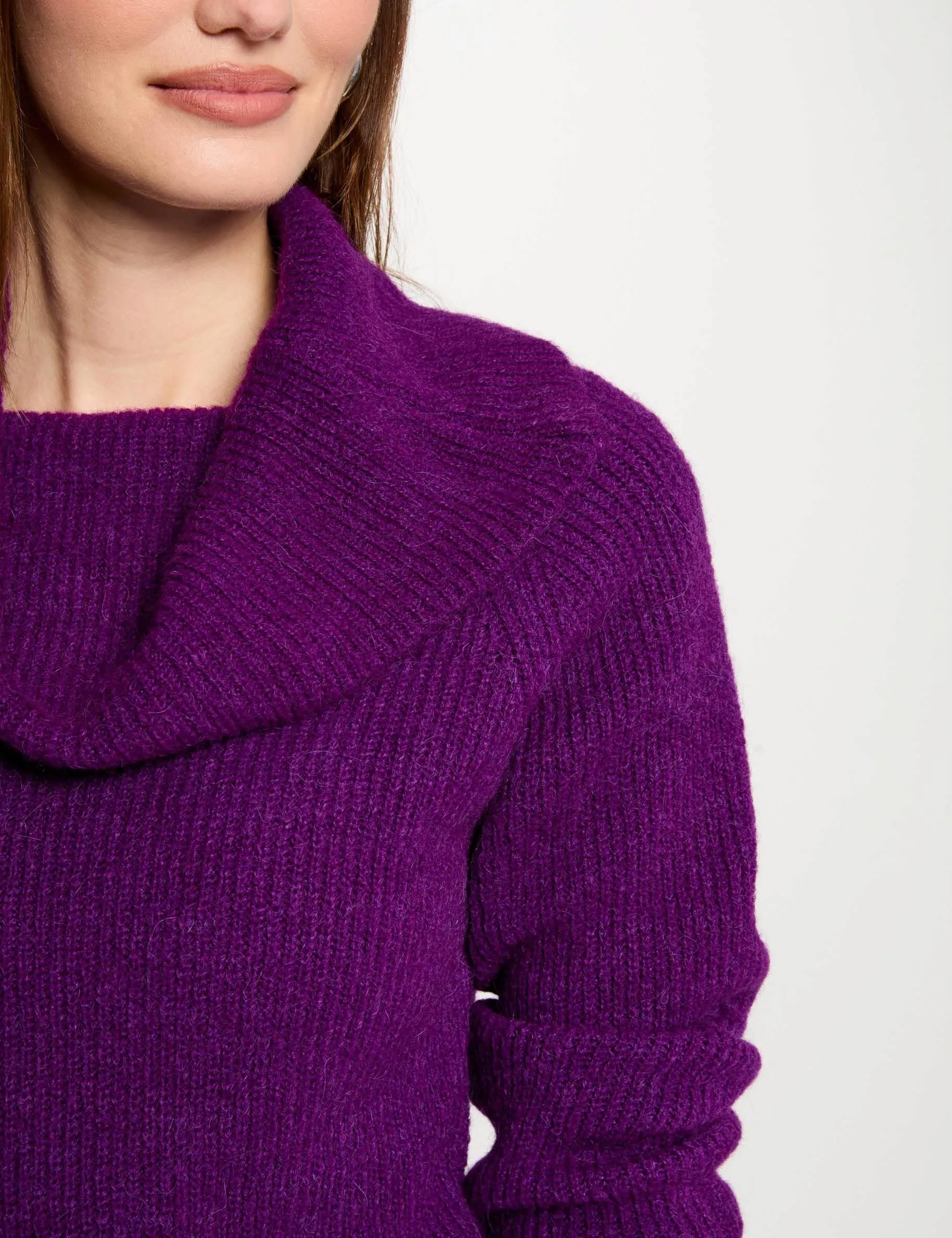 Ribbed jumper cowl neck purple women