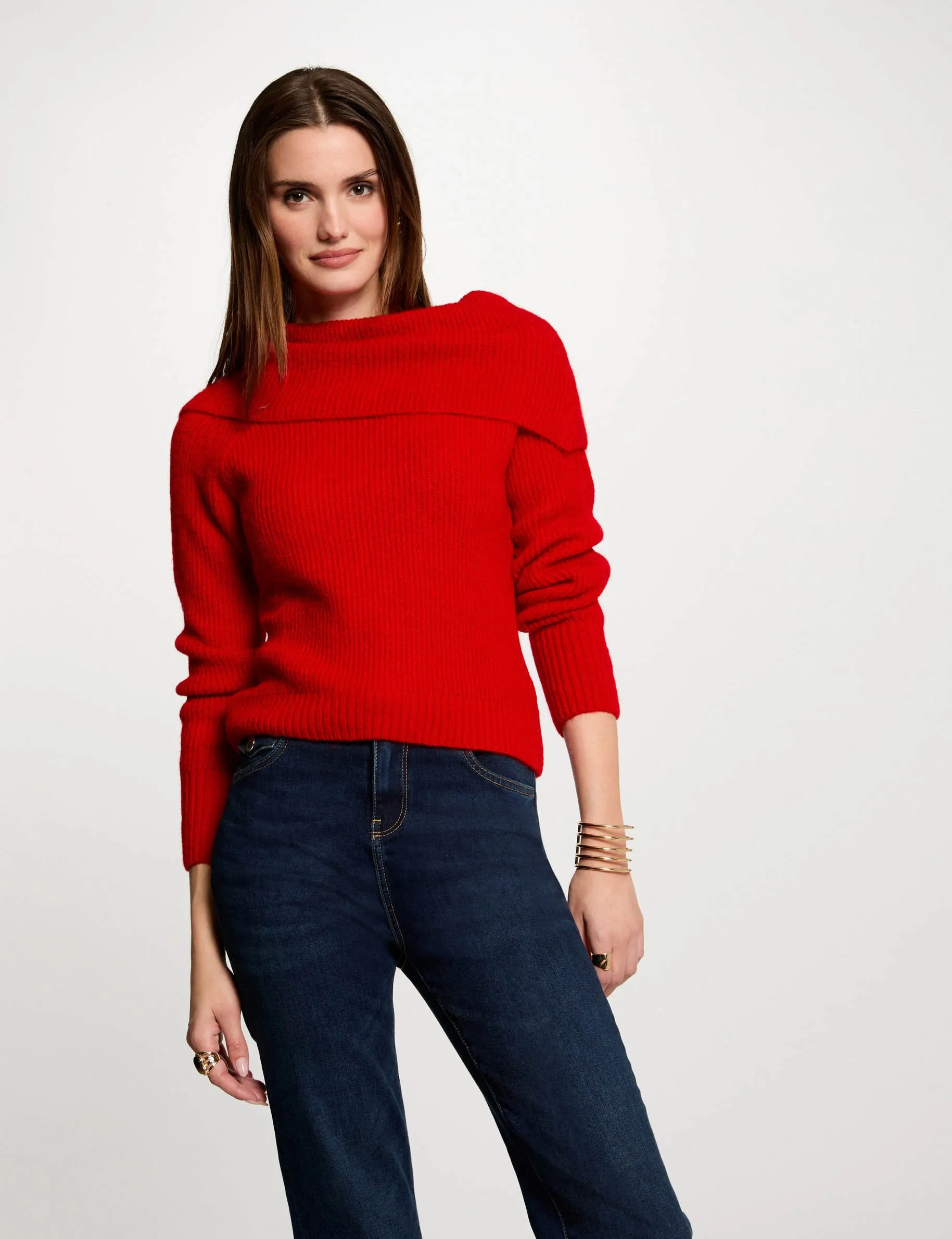 Ribbed jumper cowl neck red women