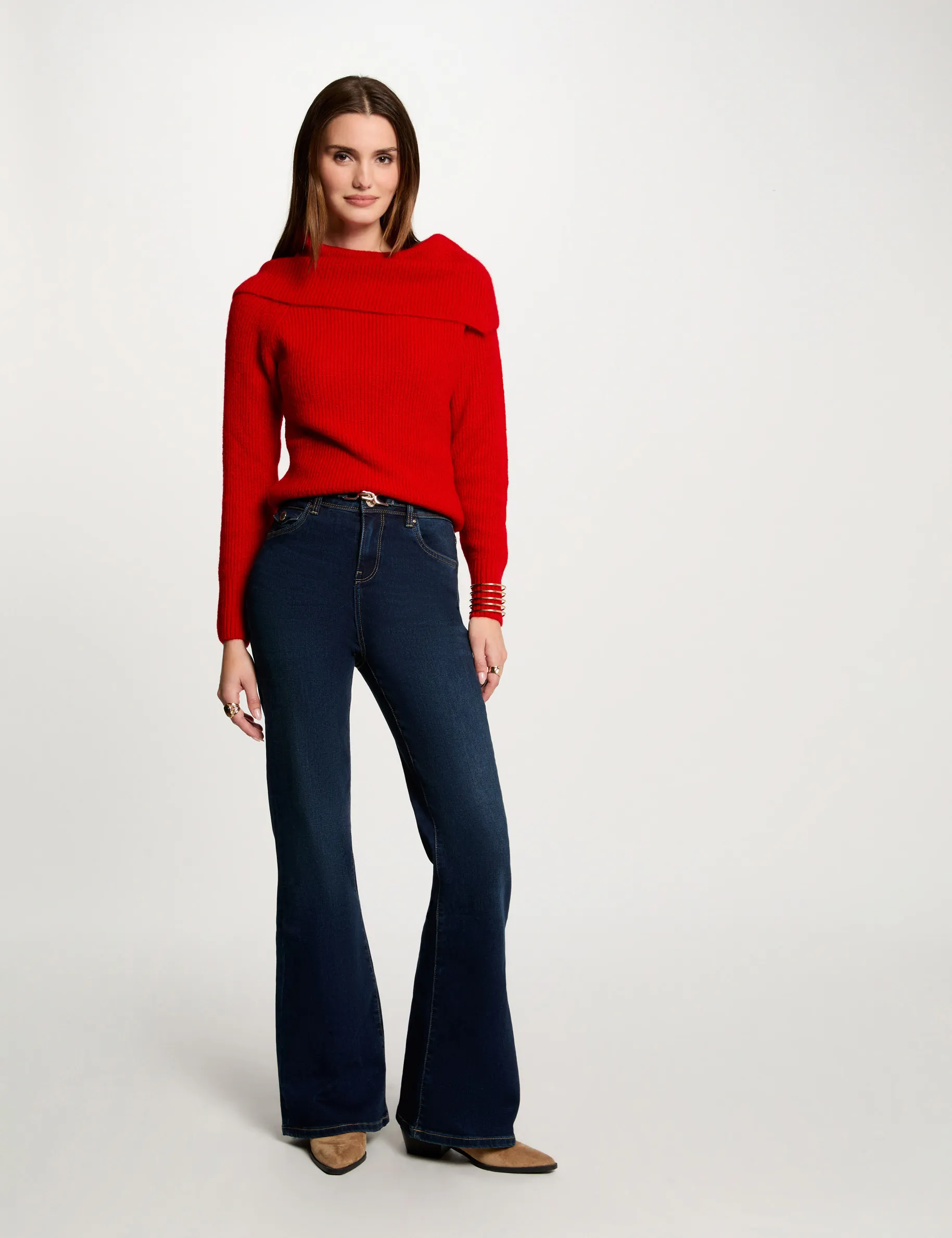 Ribbed jumper cowl neck red women