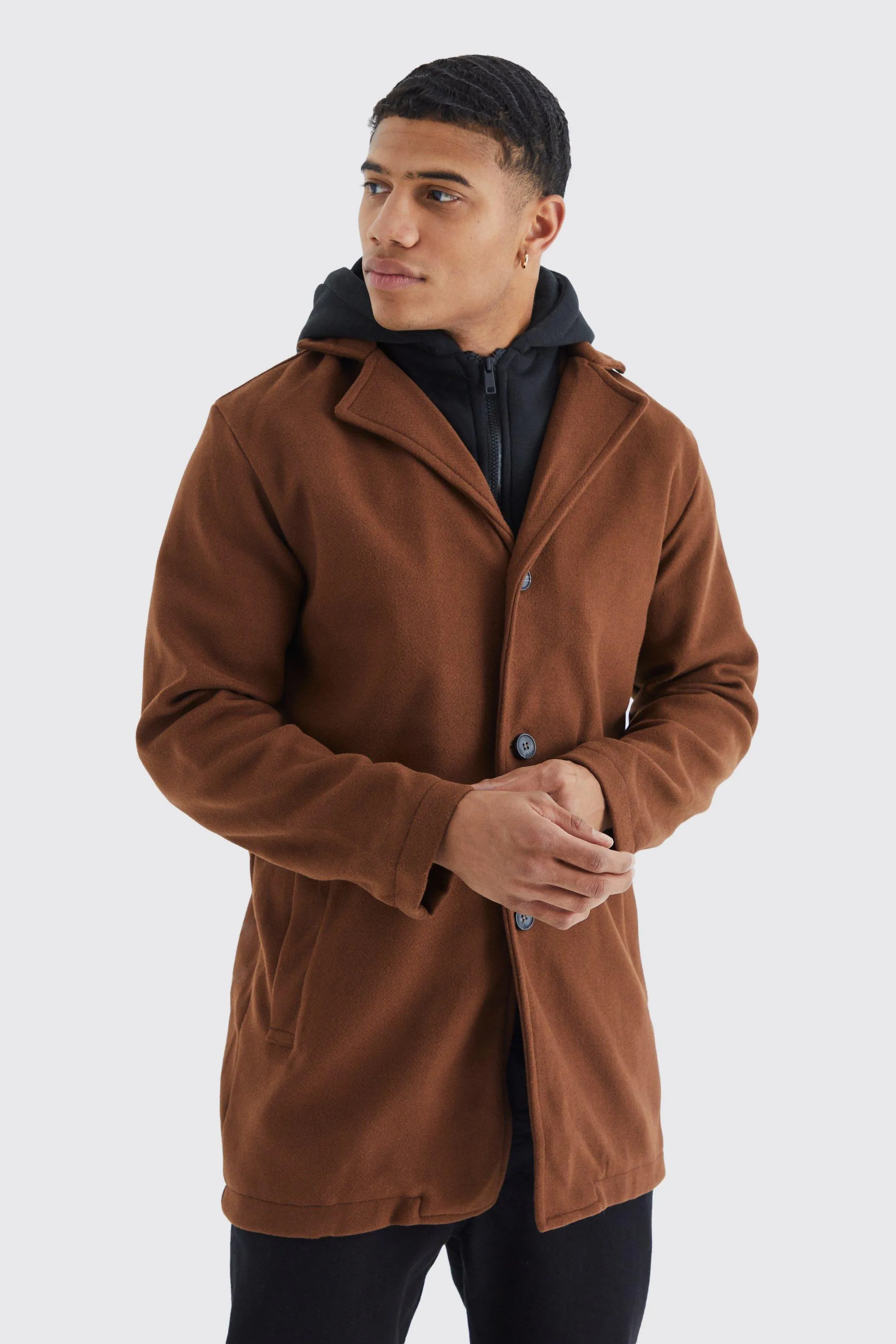 Single Breasted Wool Mix Overcoat With Hood