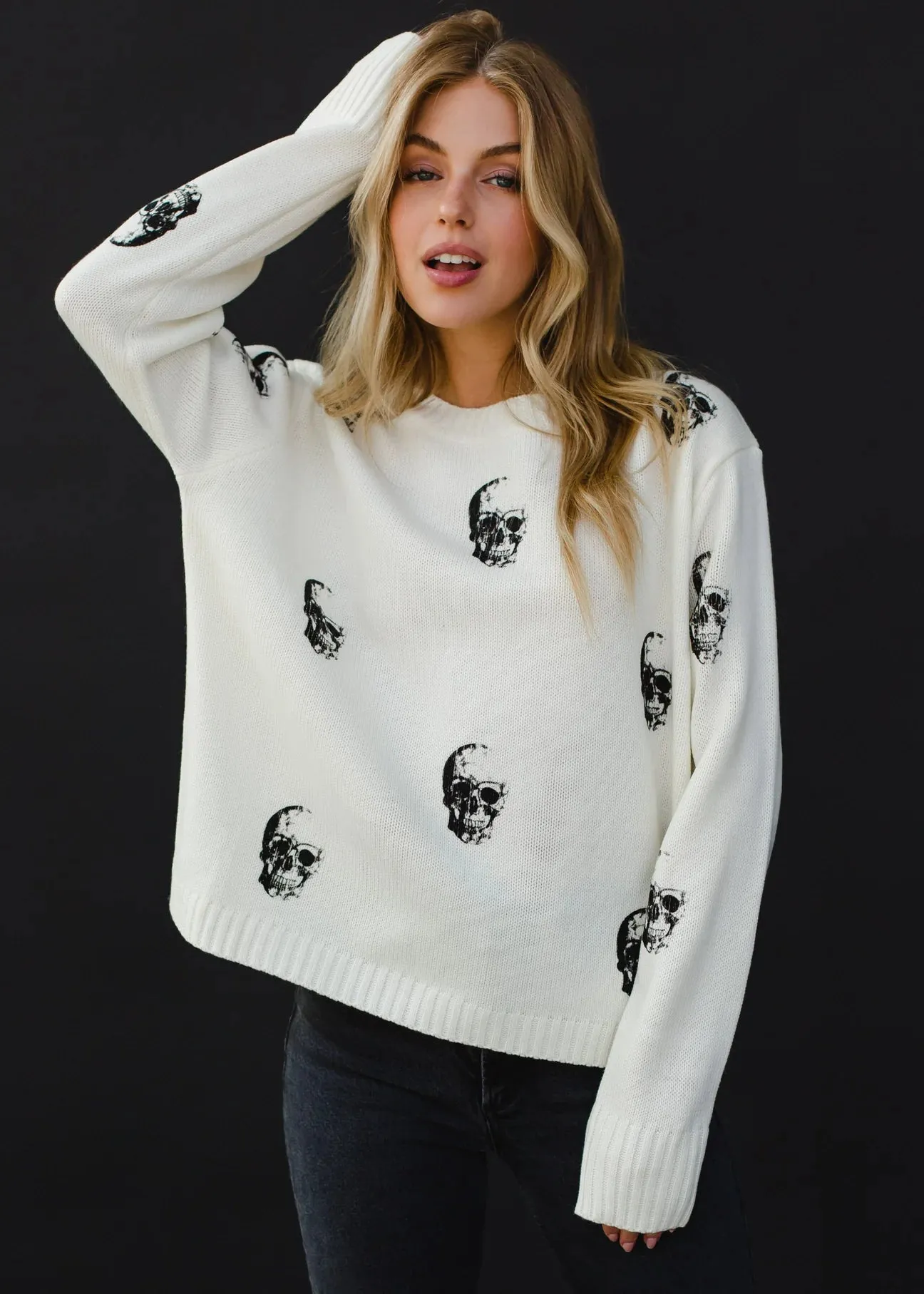 Skull Pattern Knit Crewneck Sweater