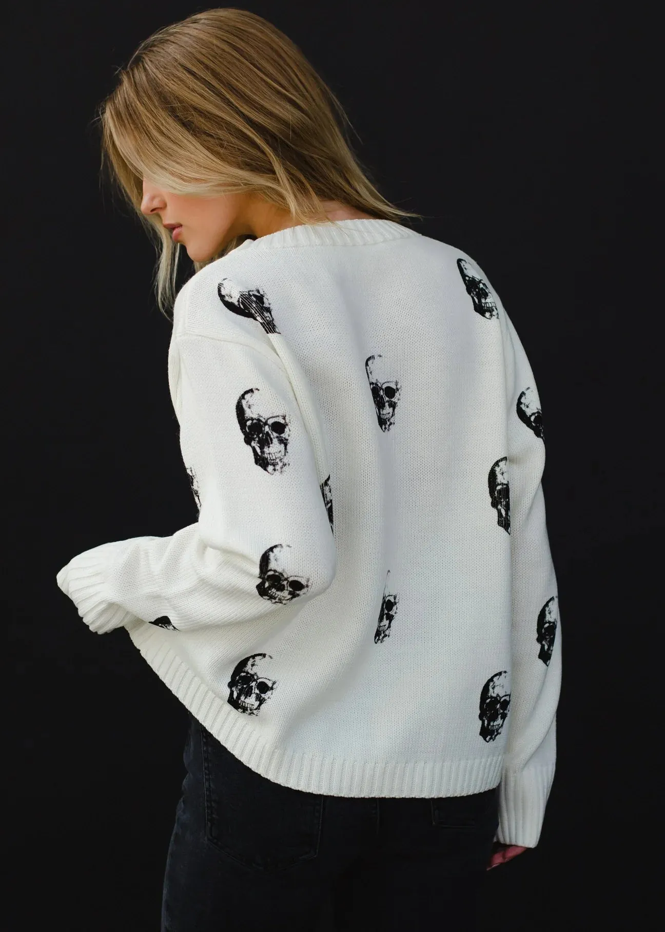 Skull Pattern Knit Crewneck Sweater