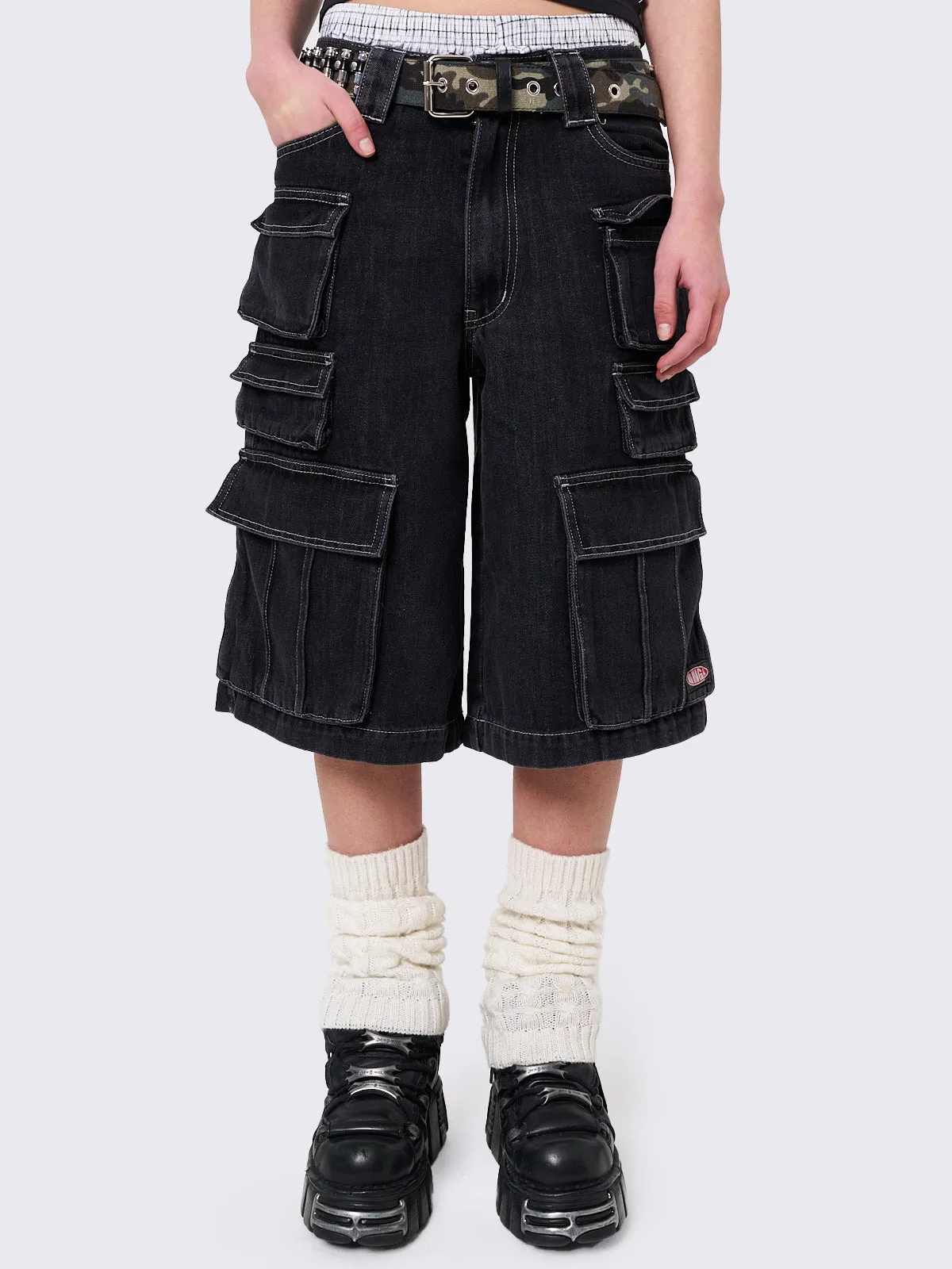 Stereo Black Multi Pocket Long Cargo Jorts