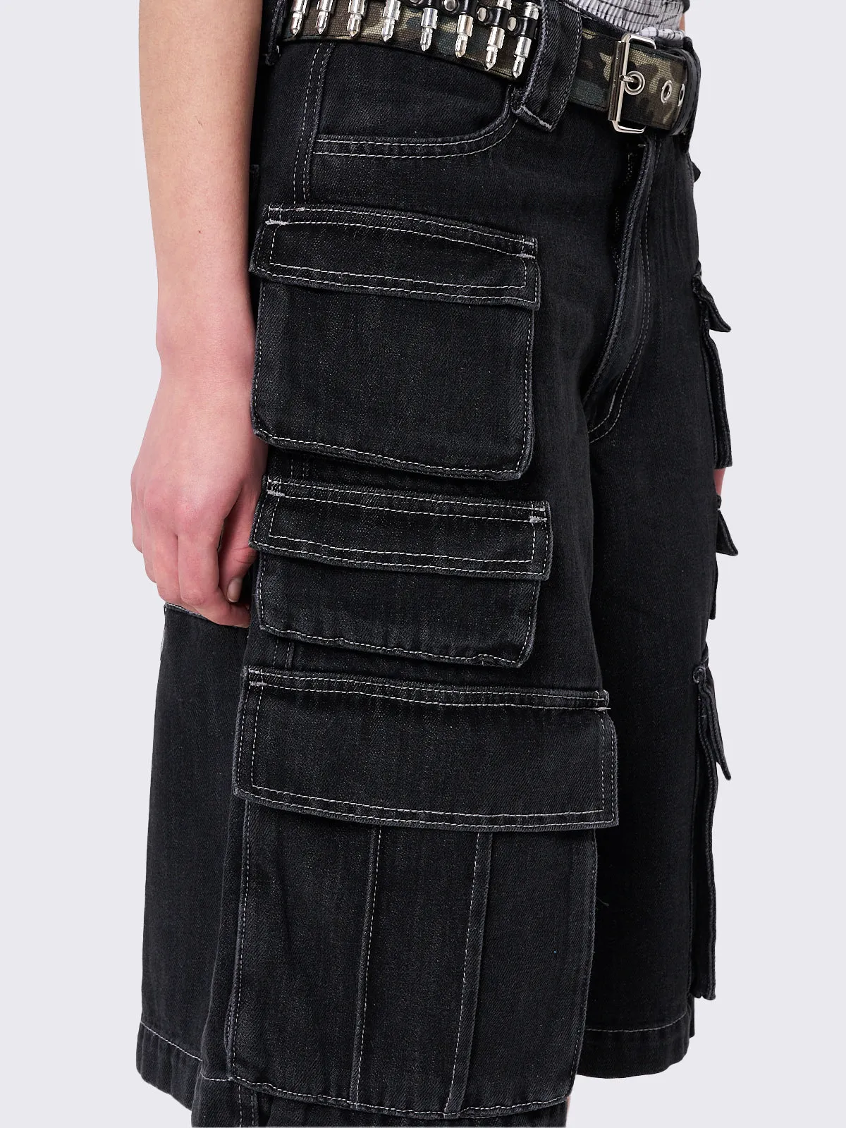 Stereo Black Multi Pocket Long Cargo Jorts