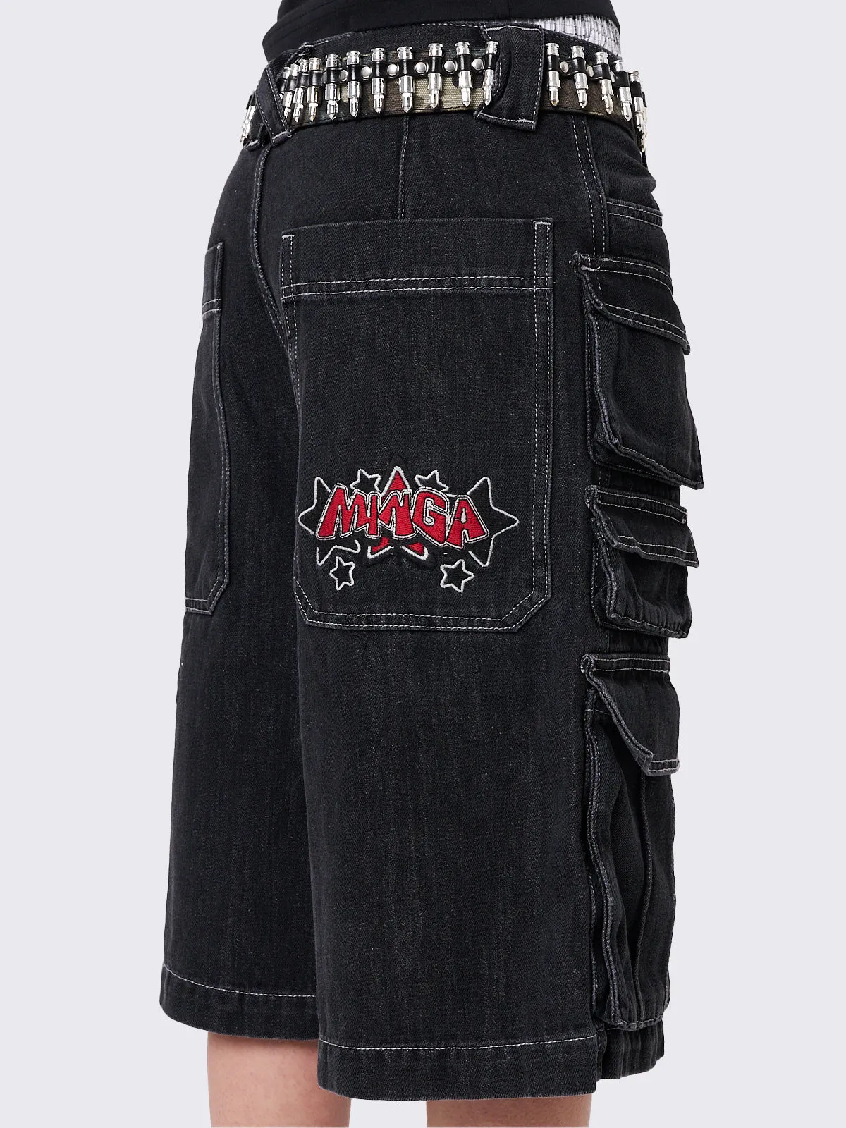 Stereo Black Multi Pocket Long Cargo Jorts