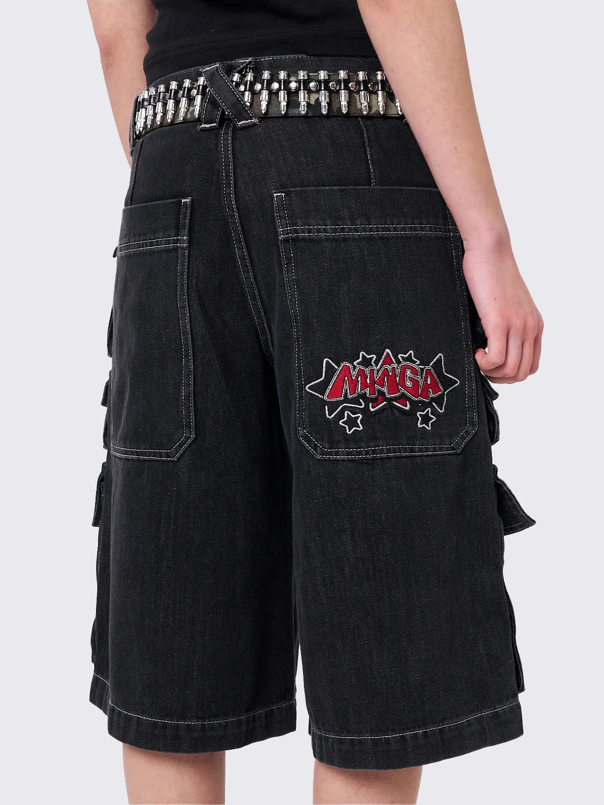 Stereo Black Multi Pocket Long Cargo Jorts