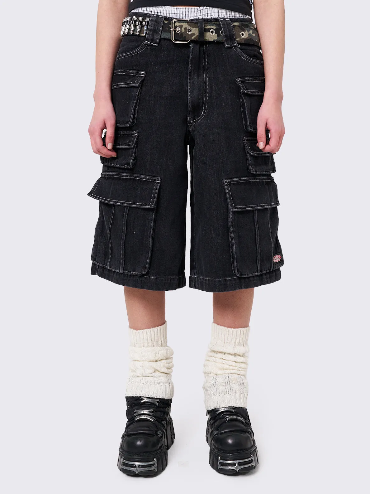 Stereo Black Multi Pocket Long Cargo Jorts