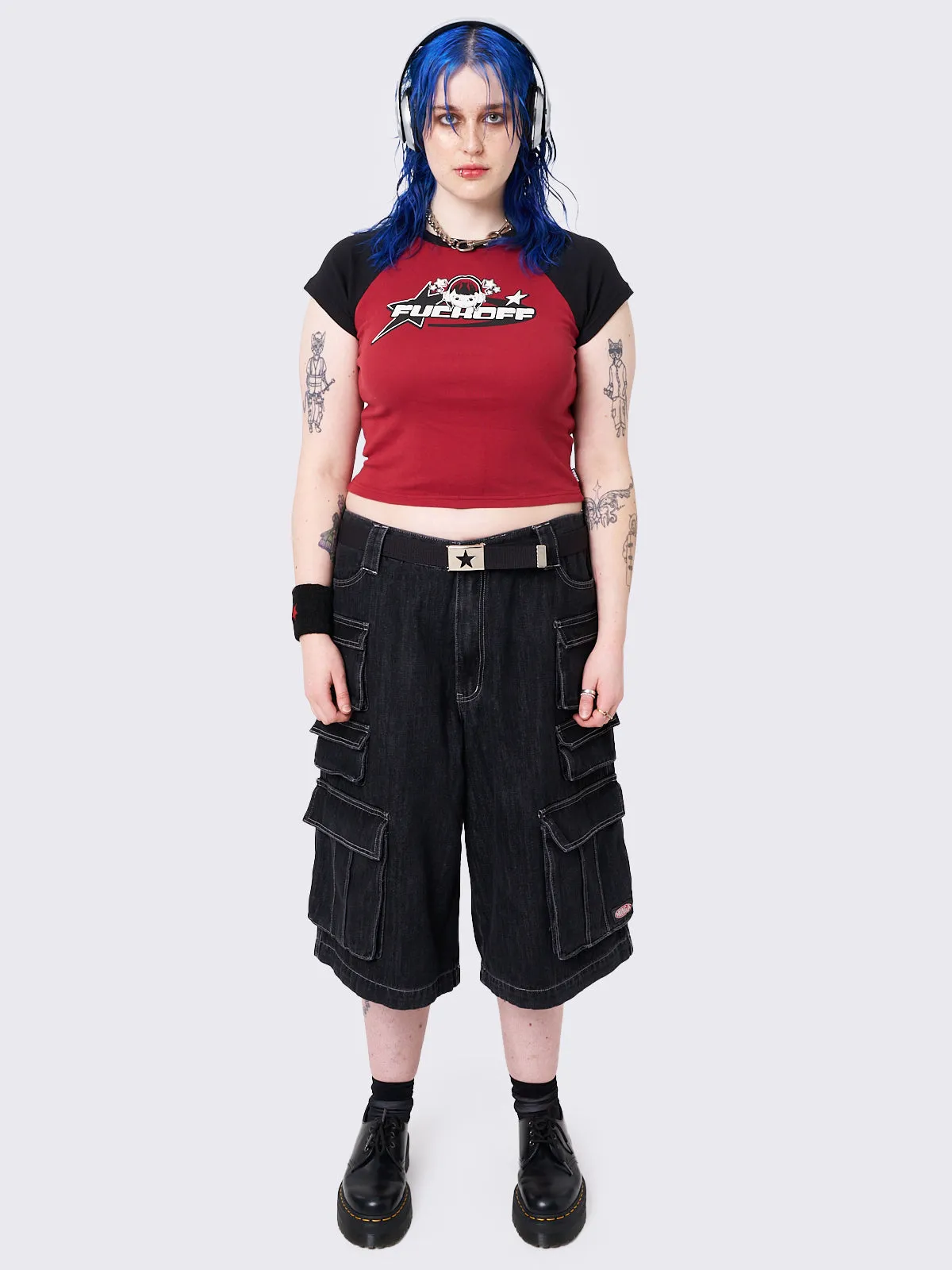 Stereo Black Multi Pocket Long Cargo Jorts