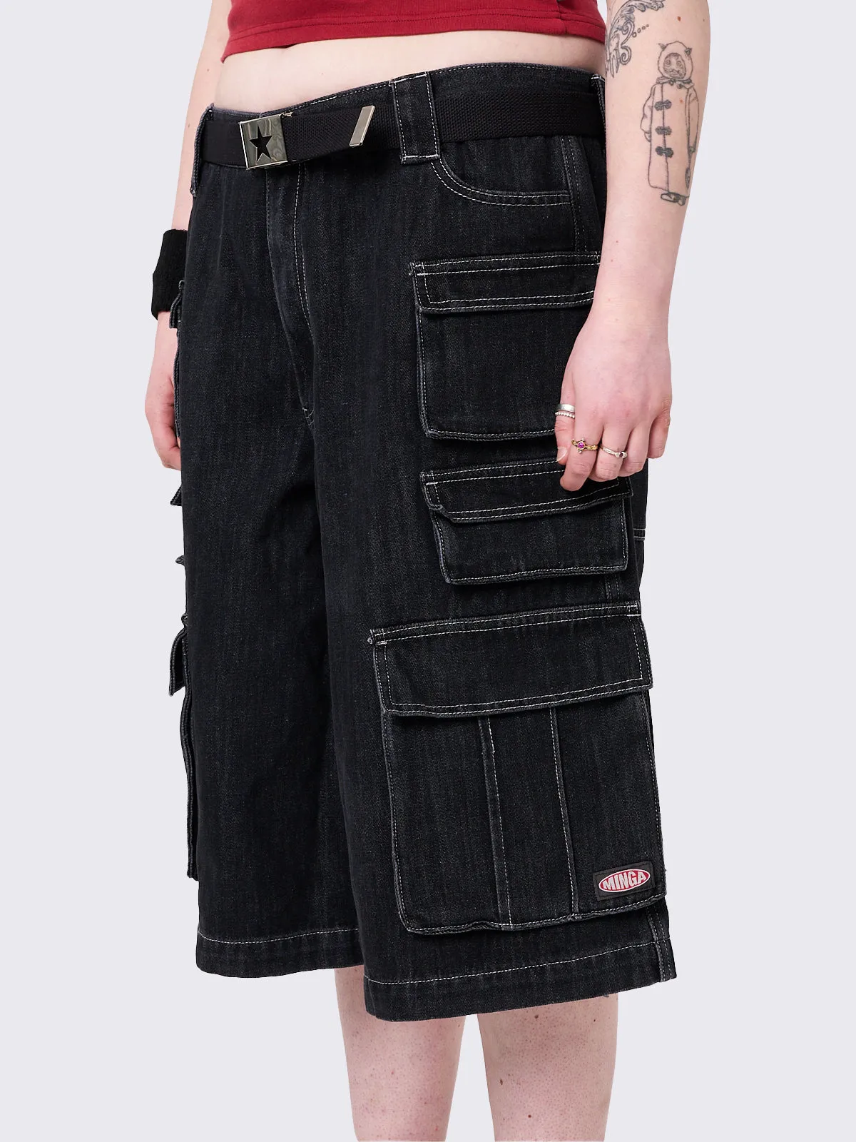 Stereo Black Multi Pocket Long Cargo Jorts