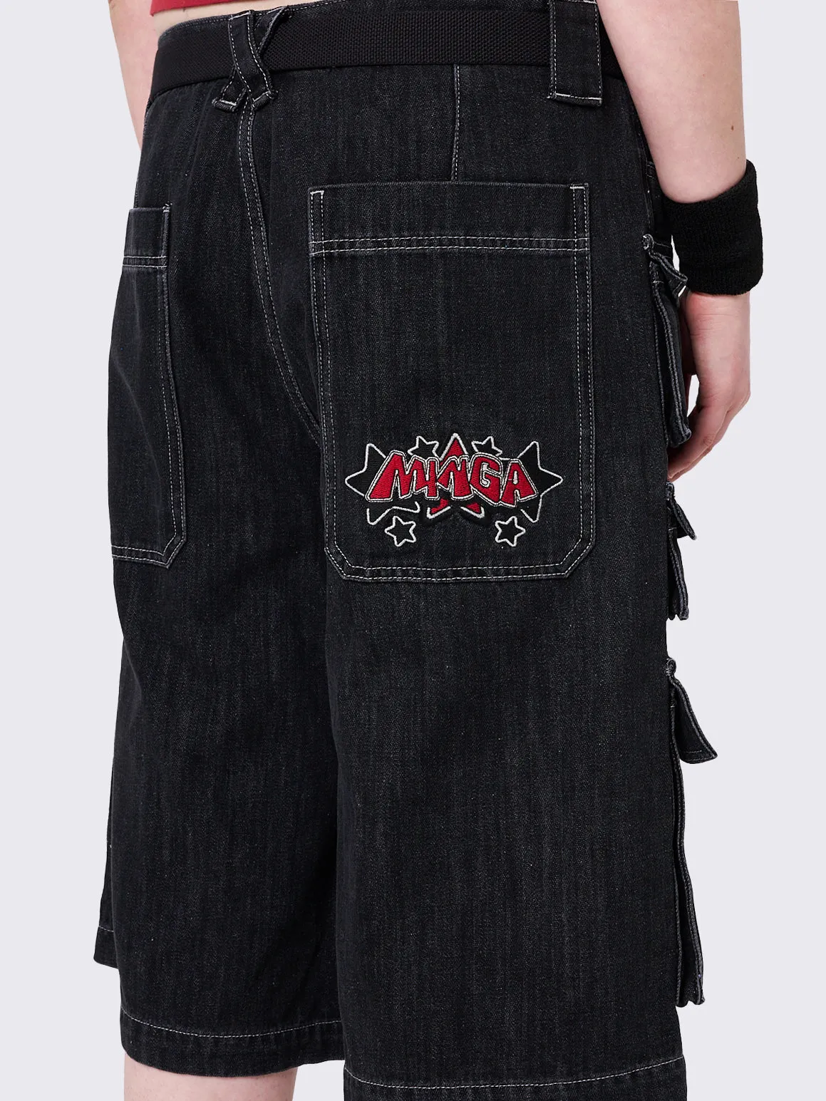 Stereo Black Multi Pocket Long Cargo Jorts