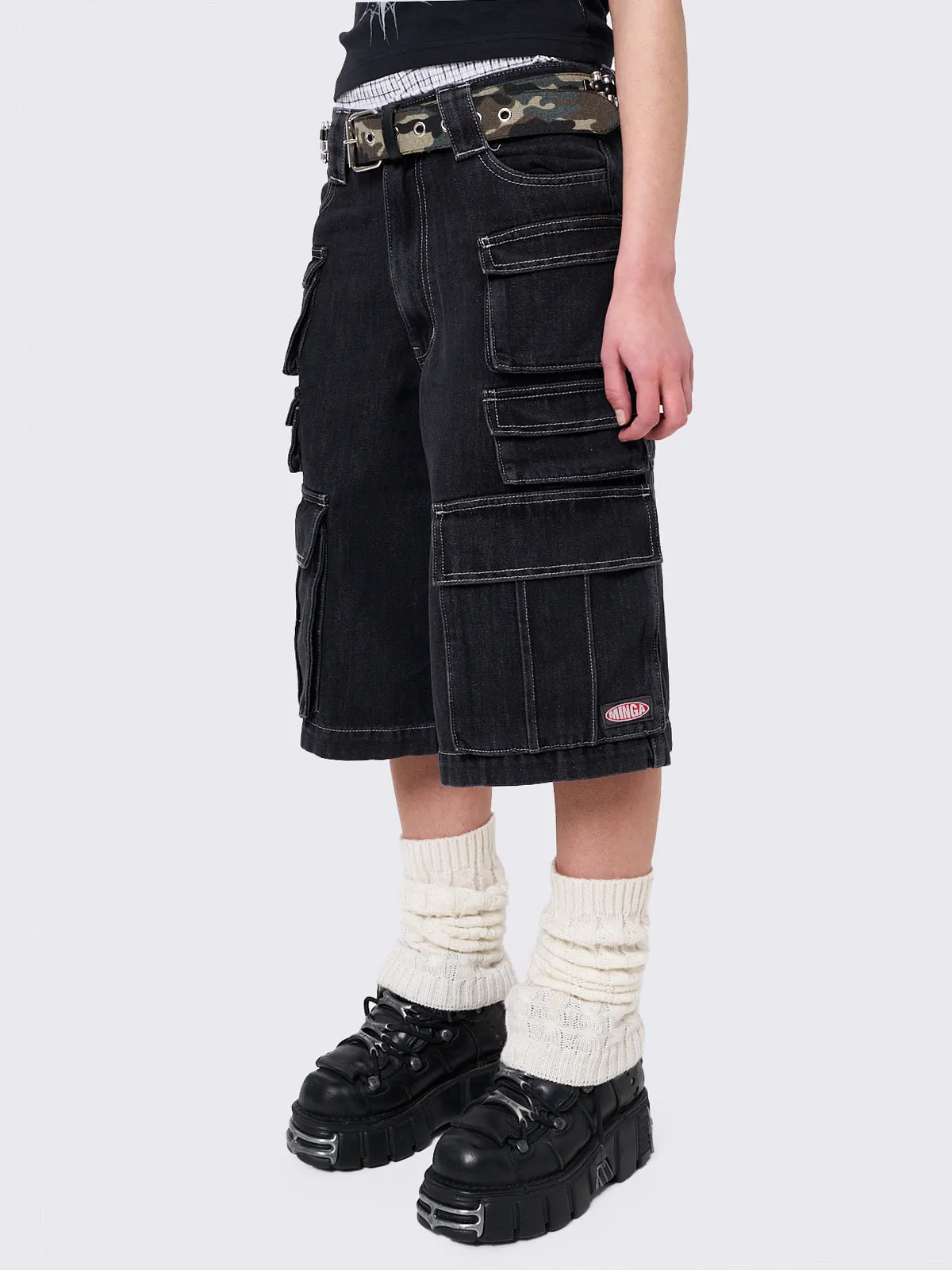 Stereo Black Multi Pocket Long Cargo Jorts