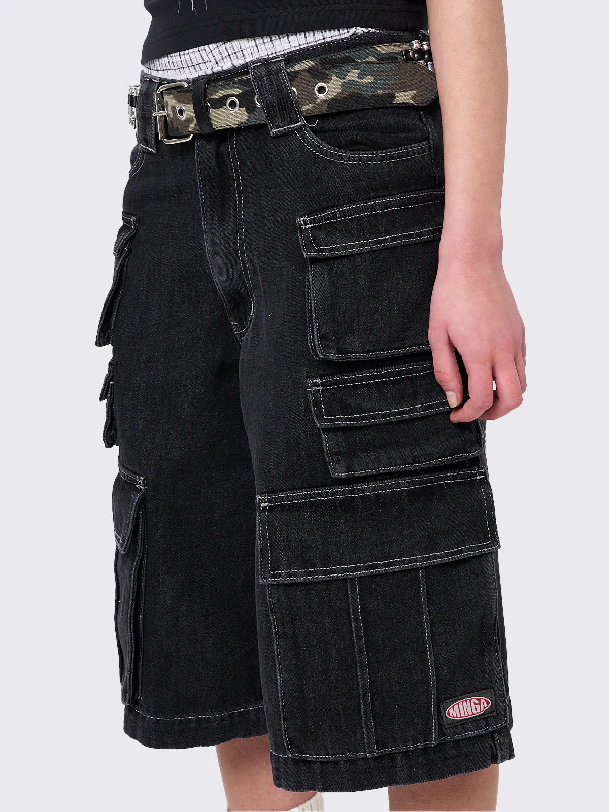 Stereo Black Multi Pocket Long Cargo Jorts