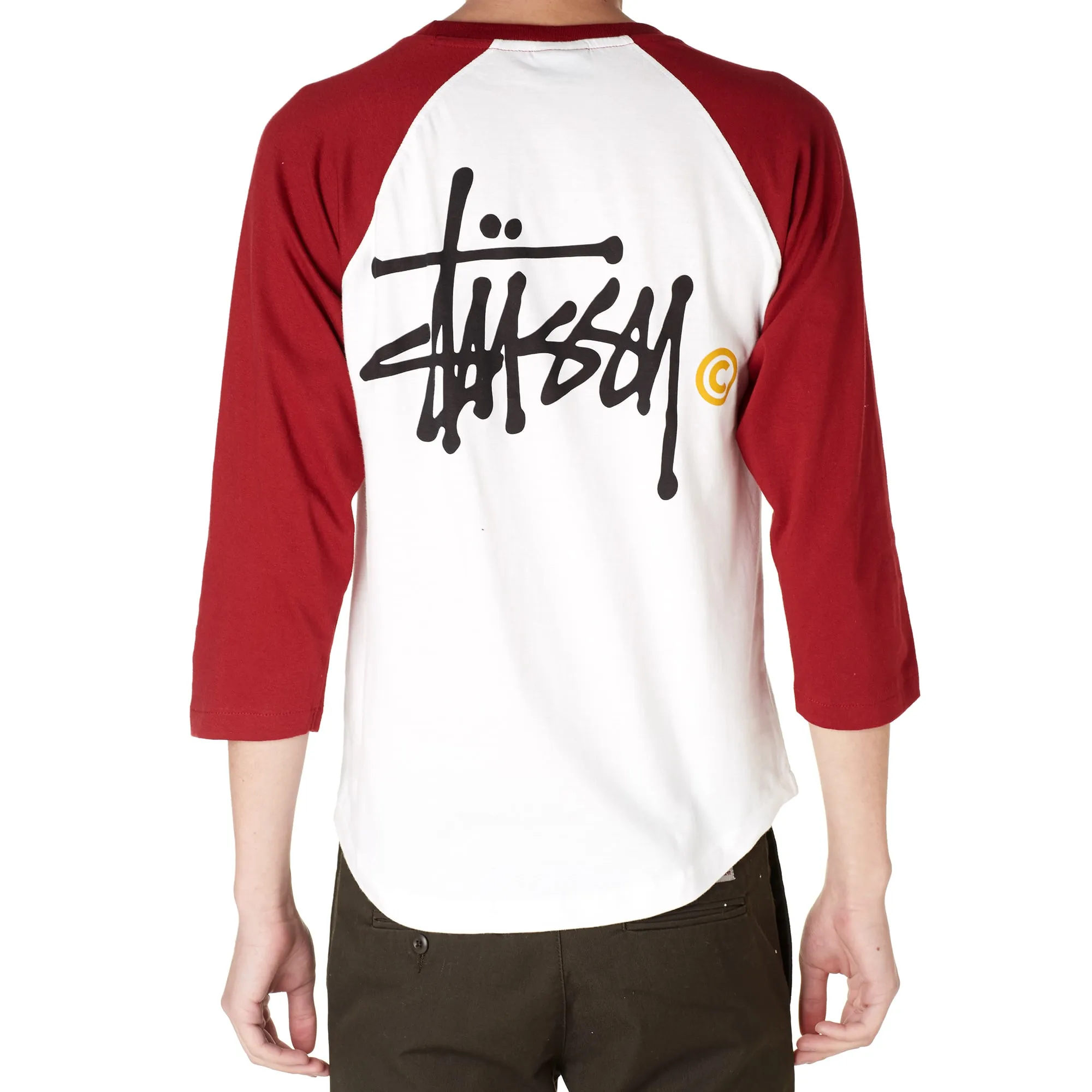 Stussy Basic Logo Raglan TeeWhite & Burgundy