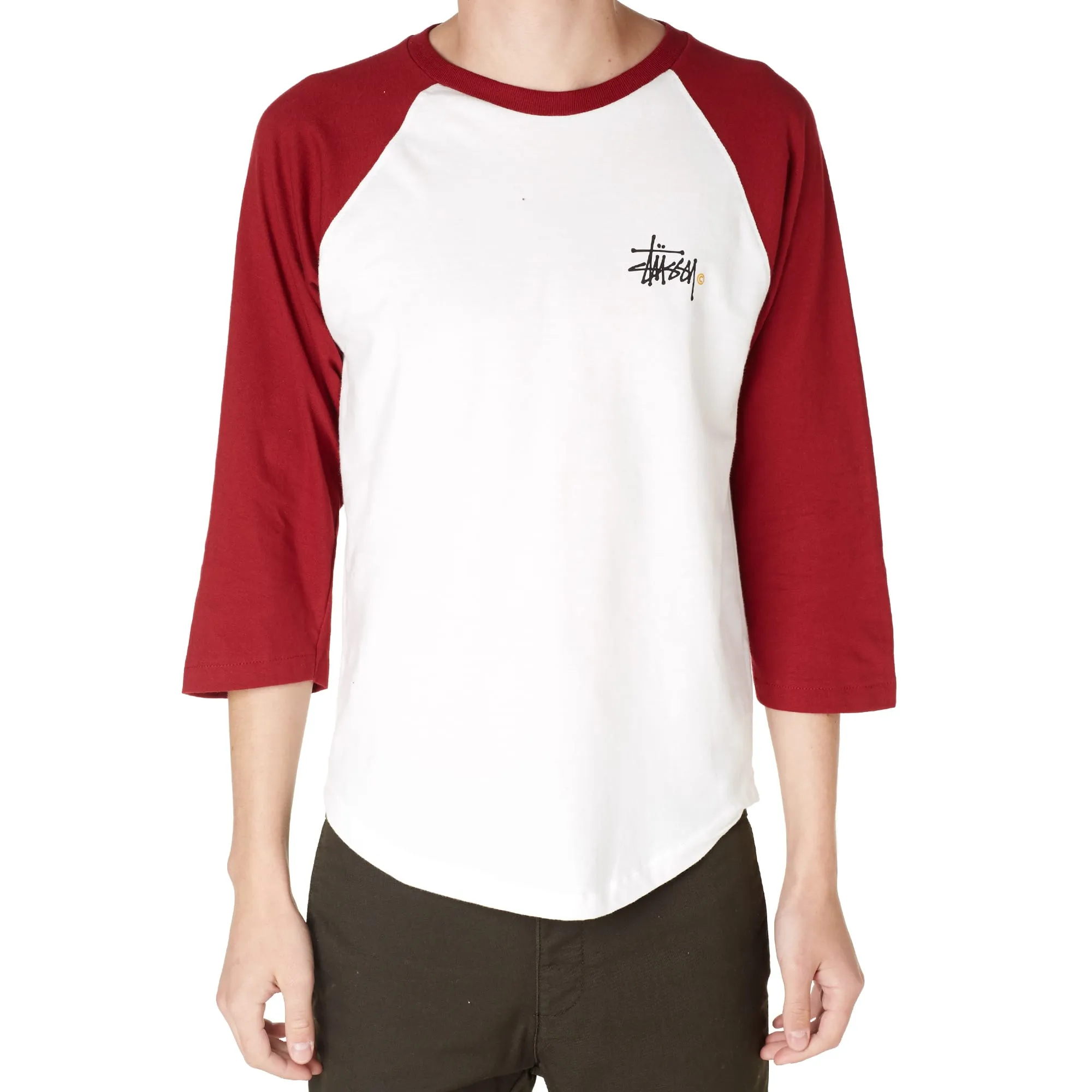 Stussy Basic Logo Raglan TeeWhite & Burgundy