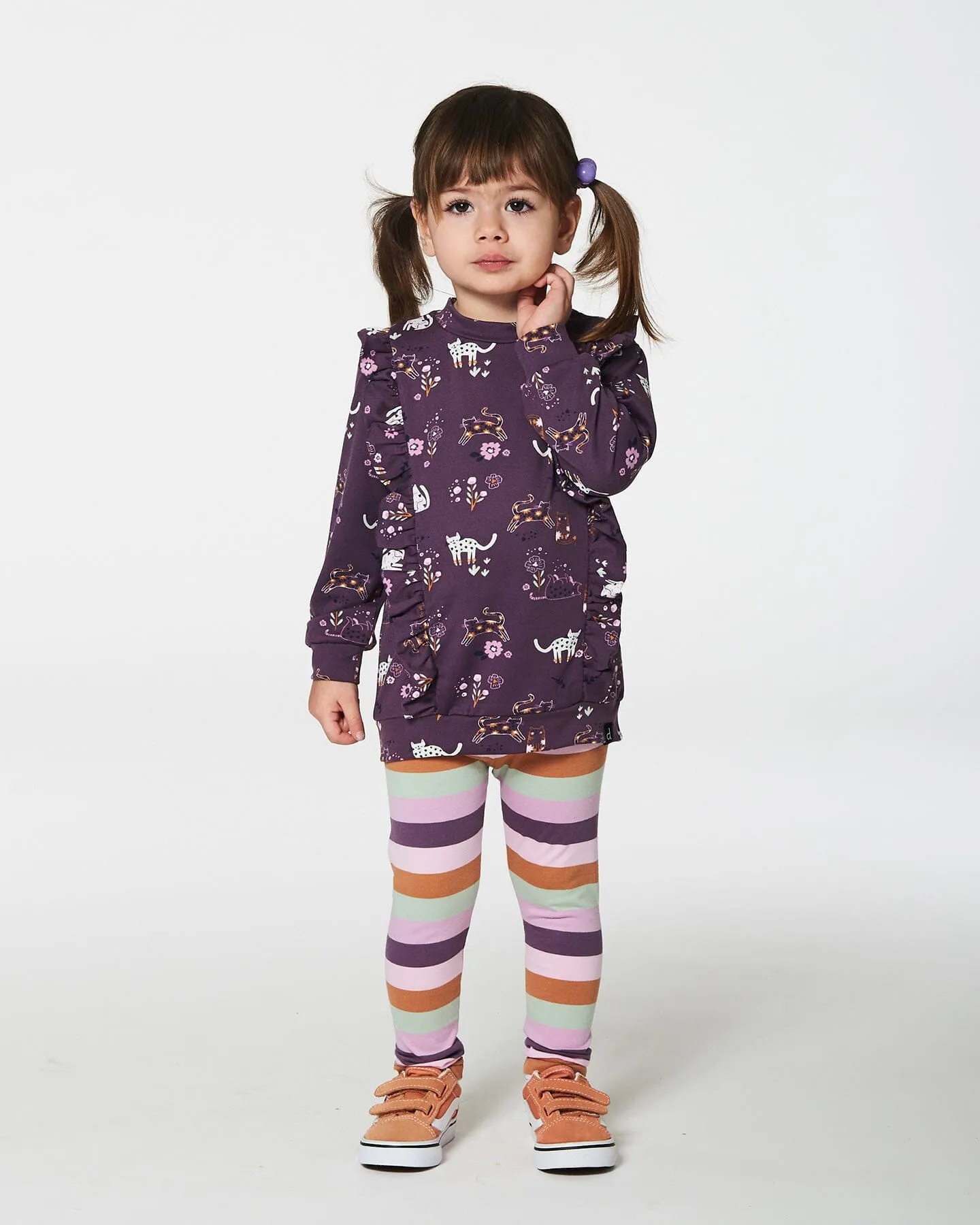 Tunic Mauve Printed Cats And Striped Leggings Set