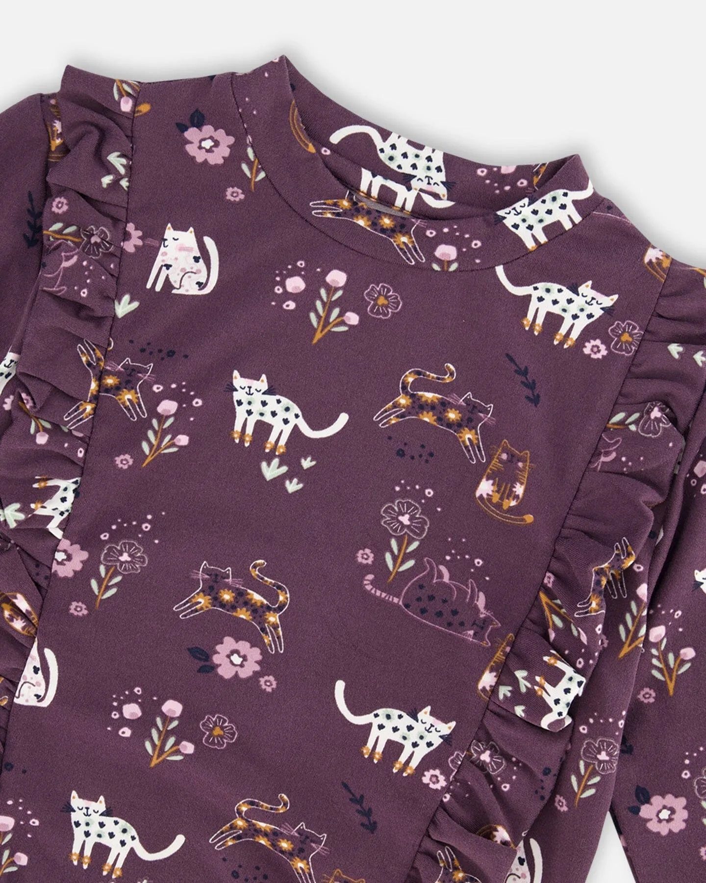 Tunic Mauve Printed Cats And Striped Leggings Set