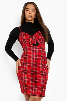 Turtleneck Top And Flannel Print Tie Slip Dress