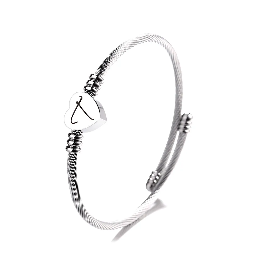 Twisted Steel Heart Cable Initial Bracelet