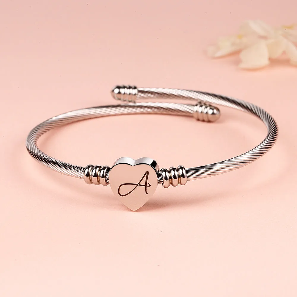 Twisted Steel Heart Cable Initial Bracelet