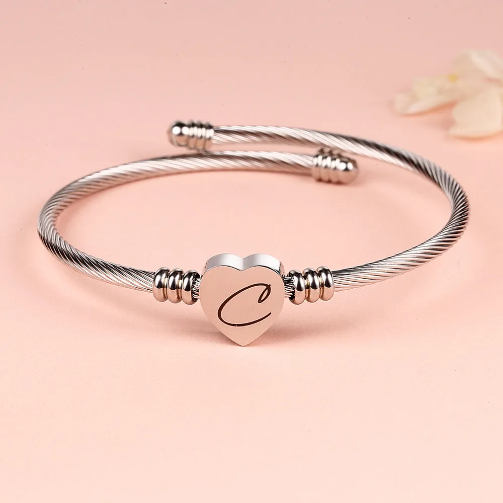 Twisted Steel Heart Cable Initial Bracelet