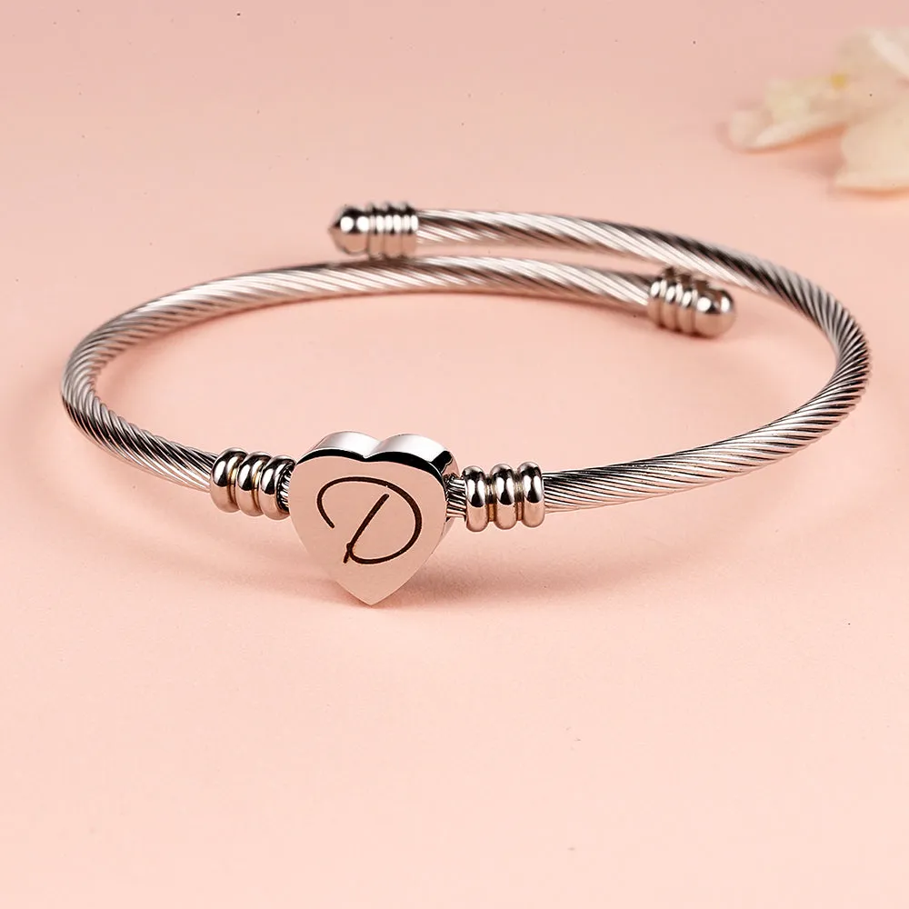 Twisted Steel Heart Cable Initial Bracelet