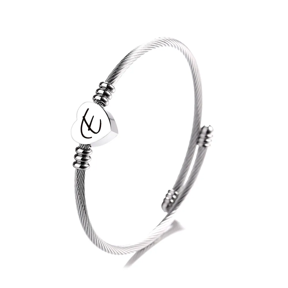 Twisted Steel Heart Cable Initial Bracelet