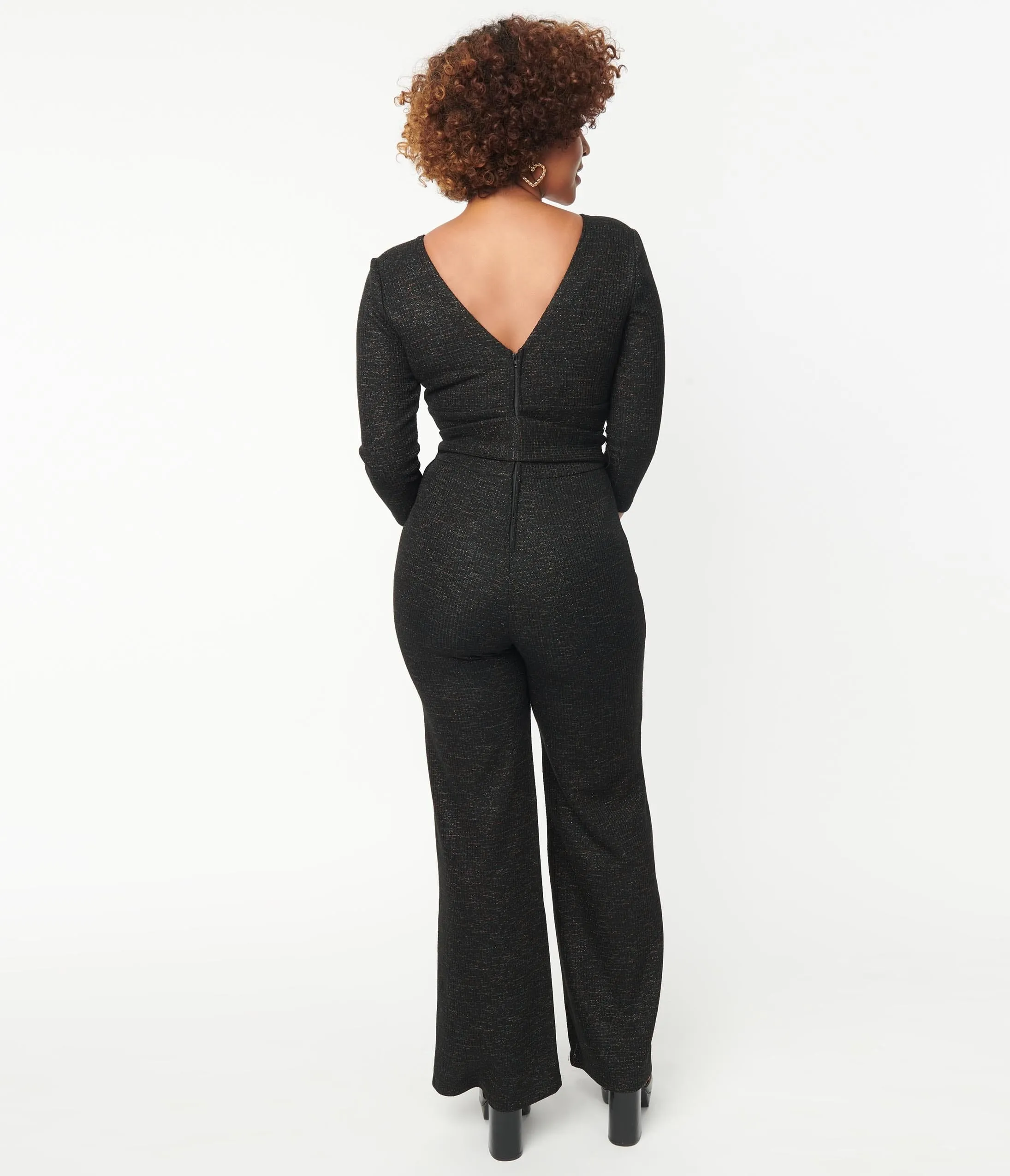 Unique Vintage 1970s Black Marled Knit Sparkle Gloria Jumpsuit