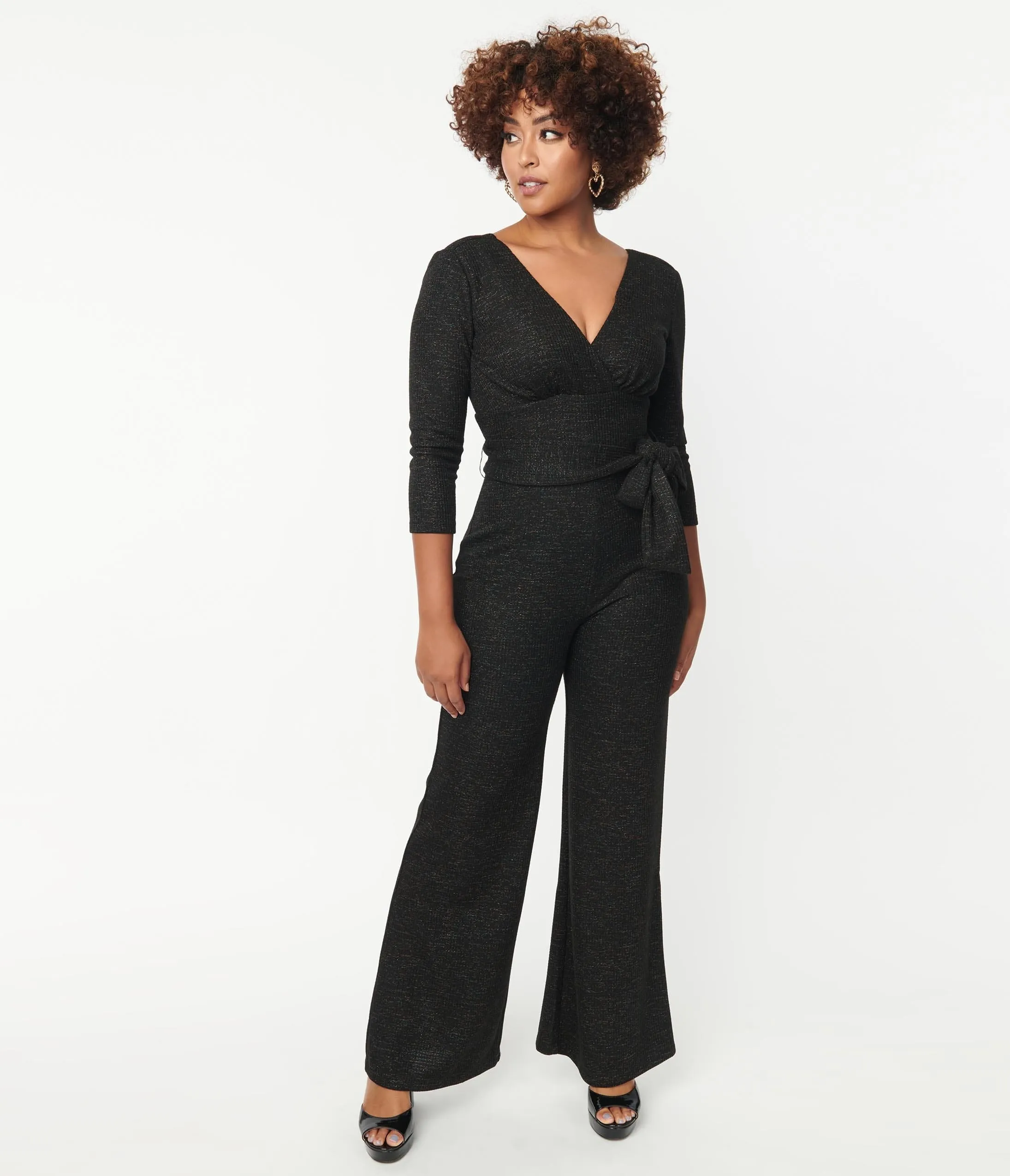 Unique Vintage 1970s Black Marled Knit Sparkle Gloria Jumpsuit