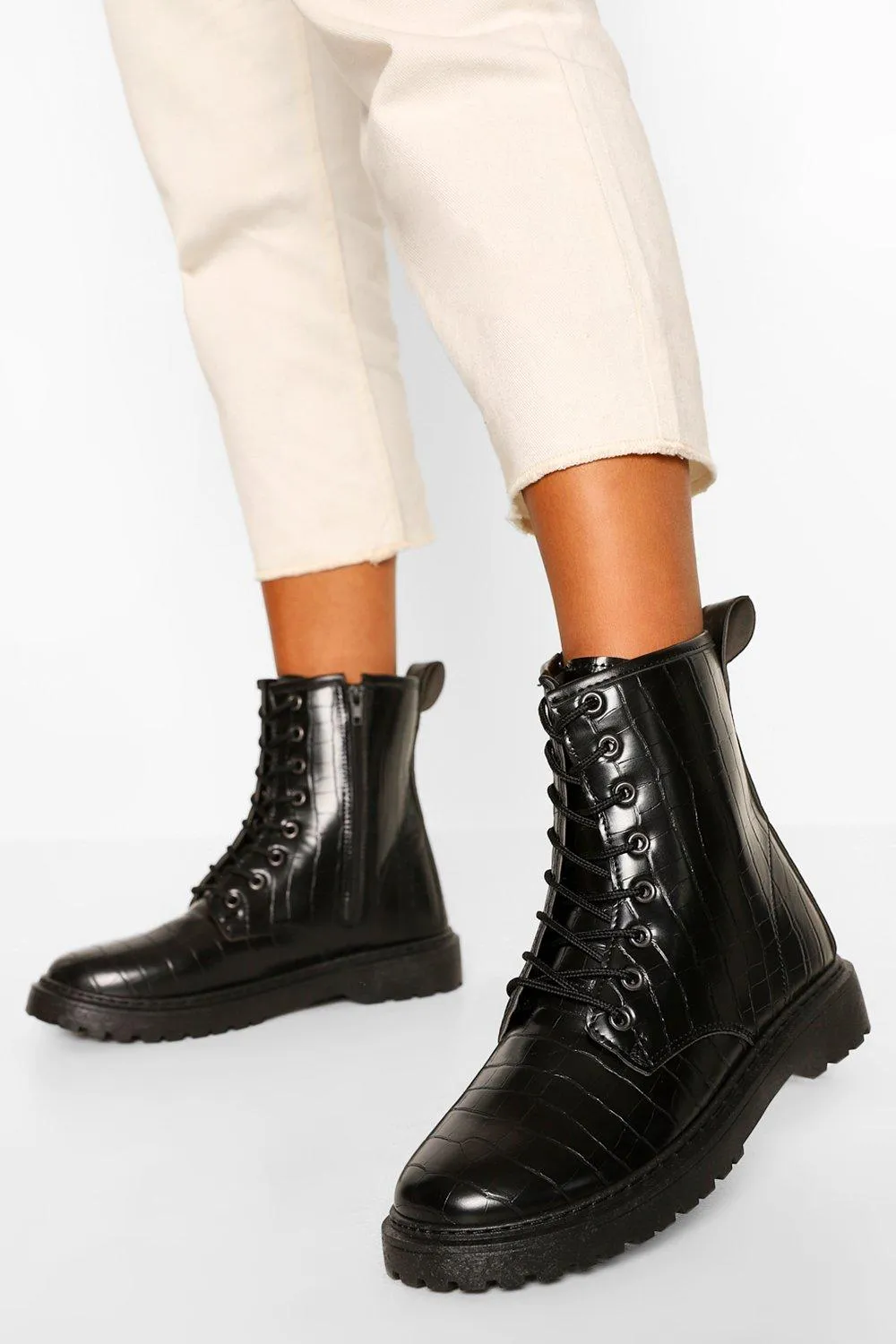 Wide Width Croc Lace Up Chunky Combat Boots