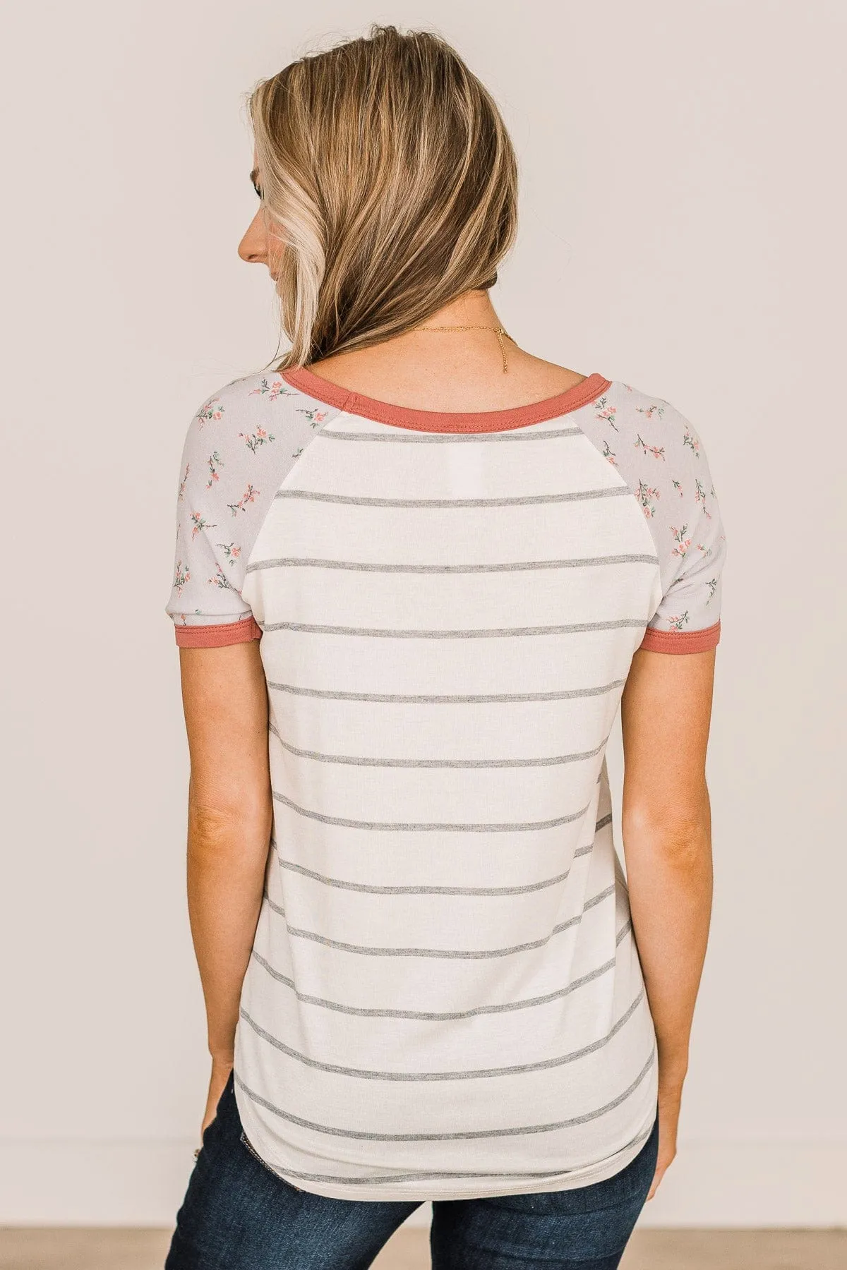 Win You Over Short Sleeve Raglan Top- Ivory & Grey