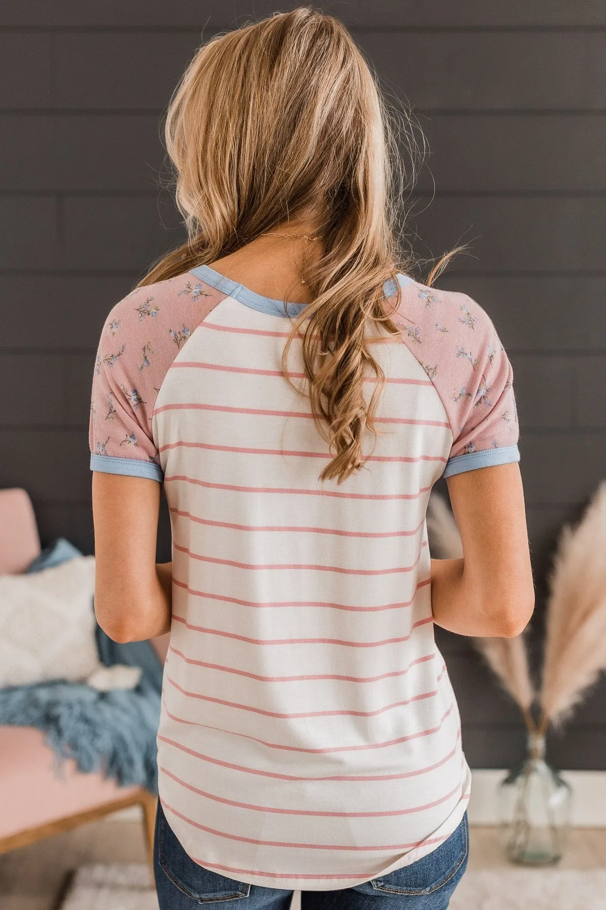 Win You Over Short Sleeve Raglan Top- Ivory & Pink