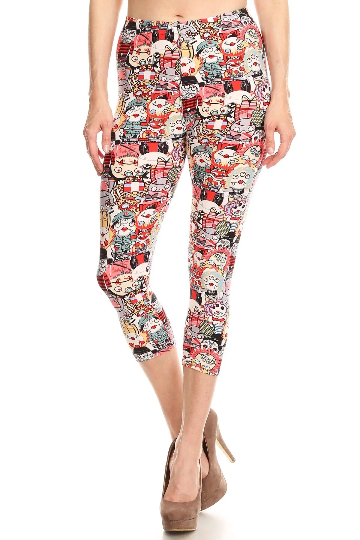 Women's Plus Colorful Monster Cartoon Printed Cropped Capri Leggings