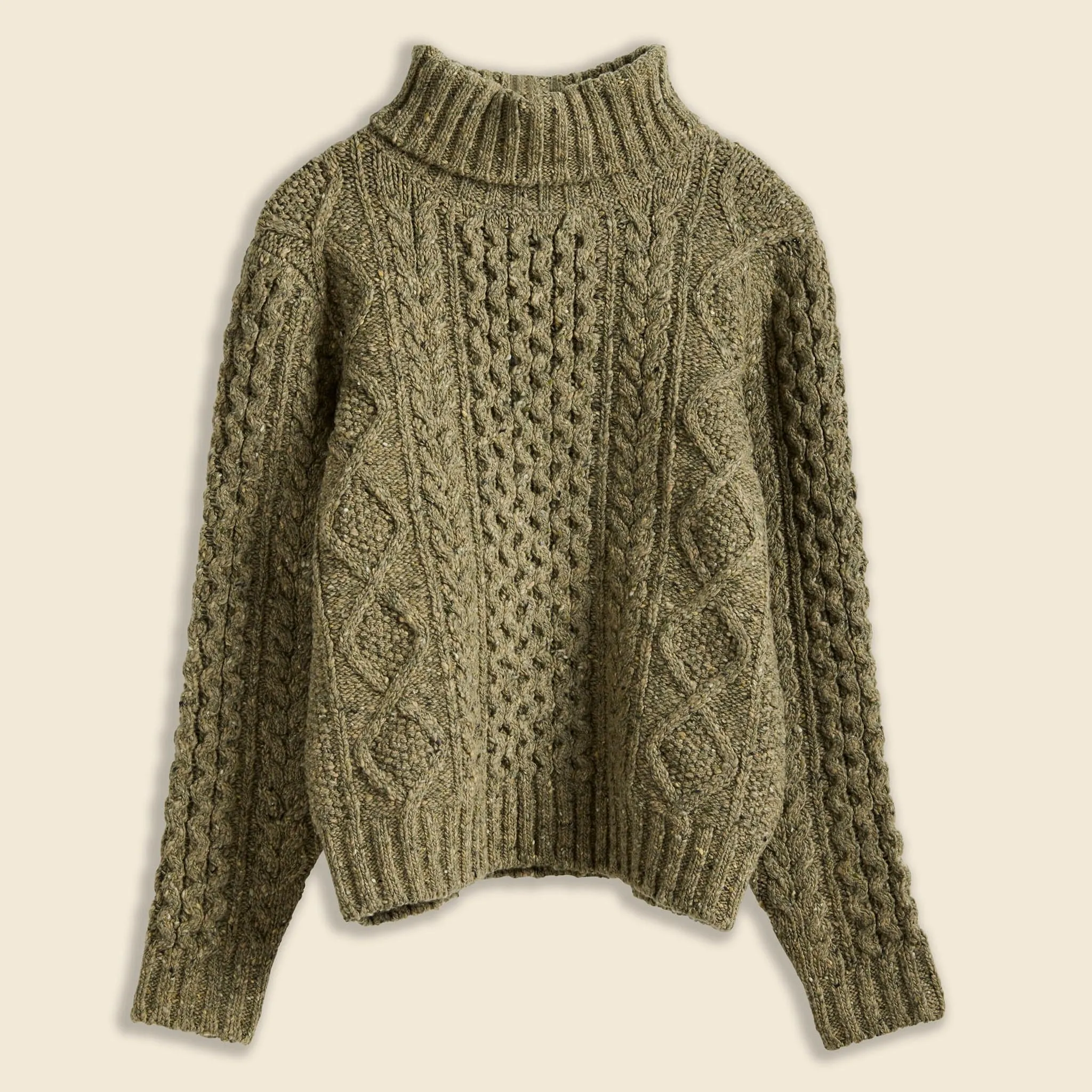 Wool Cable Turtleneck Sweater - Green Donegal